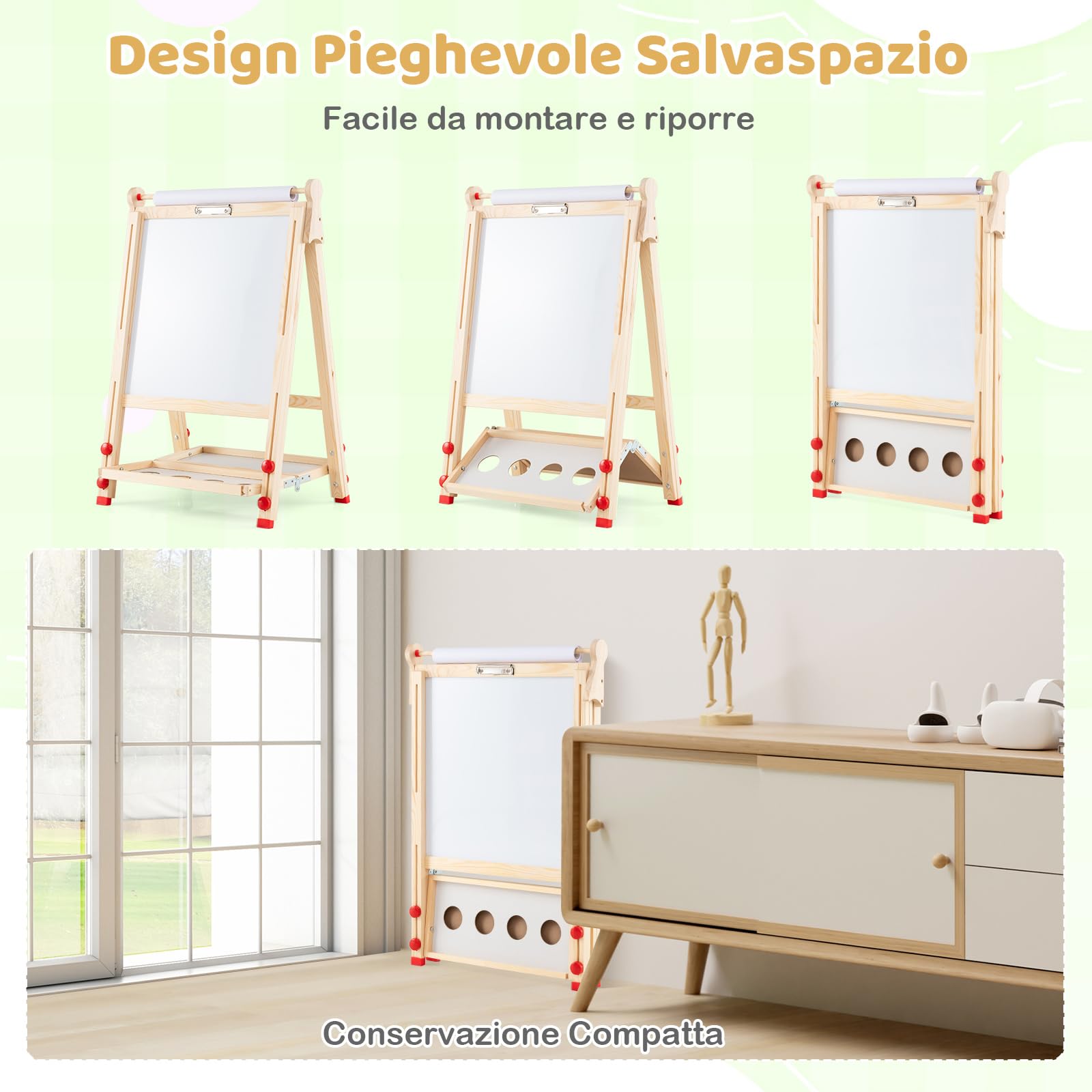 COSTWAY 3 in 1 Cavalletto per Bambini, Cavalletto Artistico in Legno con Doppia Faccia Magnetico, Lavagna Bianca, Lavagna Nera e Rotolo di Carta, Pieghevole e Altezza Regolabile