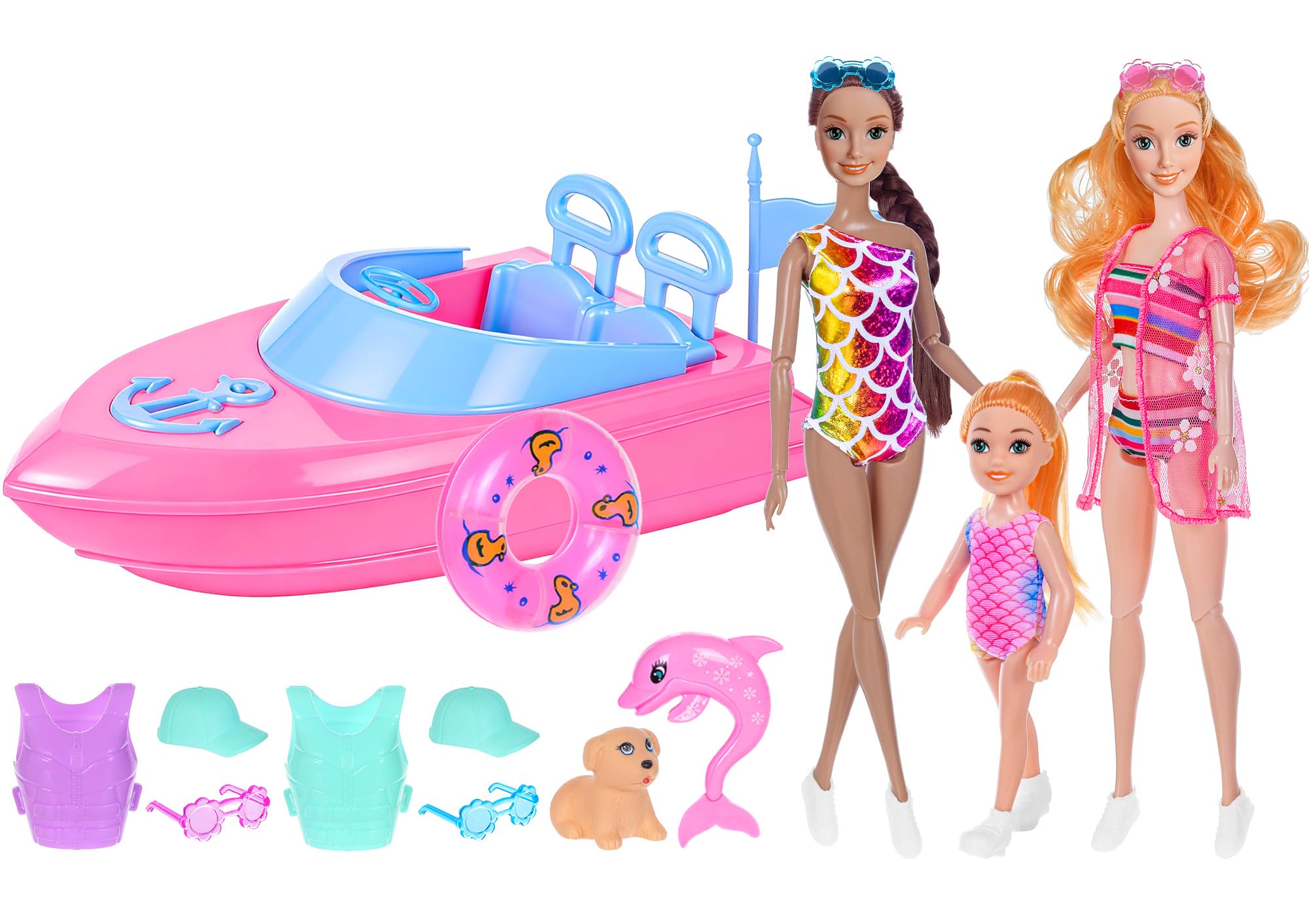 Fashion 11.5 inch Dolls and Boat Playset - Swimming Pool Toys with Swimwear, Life Vests, Accessories, 5.5 Inch Doll, Pet Puppy and Dolphin Acccessories - Summer Beach Adventure Gift Set for Girls