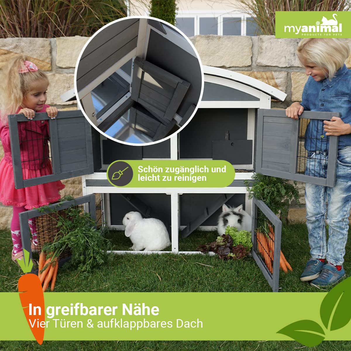 Miweba MyAnimal Hasenstall MH-33 | 118x55x105 cm - Kaninchenstall mit Freilaufgehege - Doppelstockhaus 2 Ebenen - Hasenkäfig - Imprägniert - Kaninchenkäfig Winterfest - Indoor und Outdoor (Grau/Weiß)
