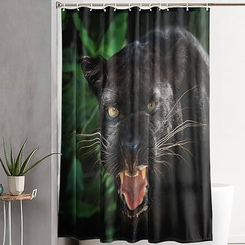 Miniatura 2 de AILONEN Cortina de ducha con estampado de leopardo negro, cortina de ducha de tela impermeable 3D con 12 ganchos de plástico, cortina de baño de