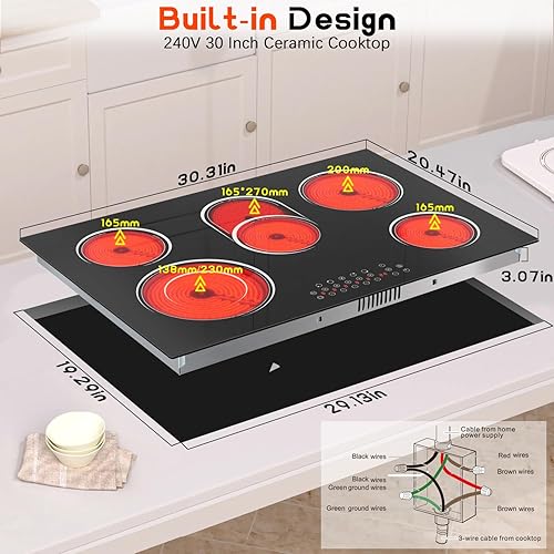 Miniatura 6 de Estufa eléctrica de 30 pulgadas, 5 quemadores, estufa eléctrica de 8400 W de 30 pulgadas, estufa de cerámica integrada con control táctil,