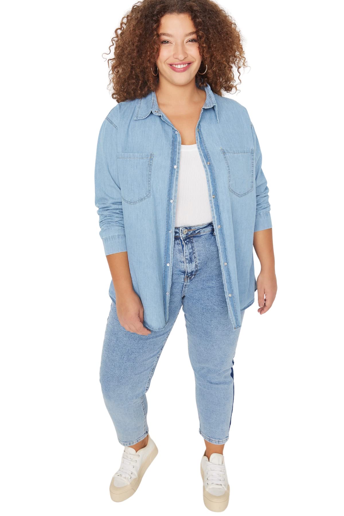 Trendyol Mujer, Camisa básica Ajustada con Cuello Polo, Talla Grande