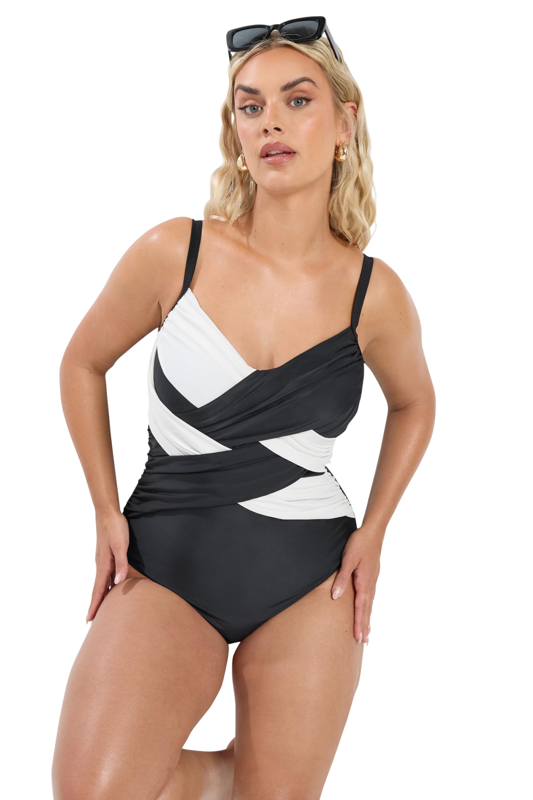 Yours Curve Black & White Contrast Super Sculpt Swimsuit - Women's - Plus Size Curve