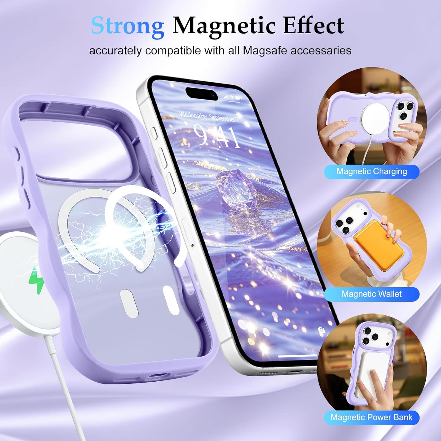 for iPhone 17 Pro Max Case, Curly Wavy Frame Hard Translucent Matte Clear Back Cover for Women Men Compatible with Magsafe Shockproof TPU Bumper Phone Case for iPhone 17 Pro Max, Lavender - Image 3