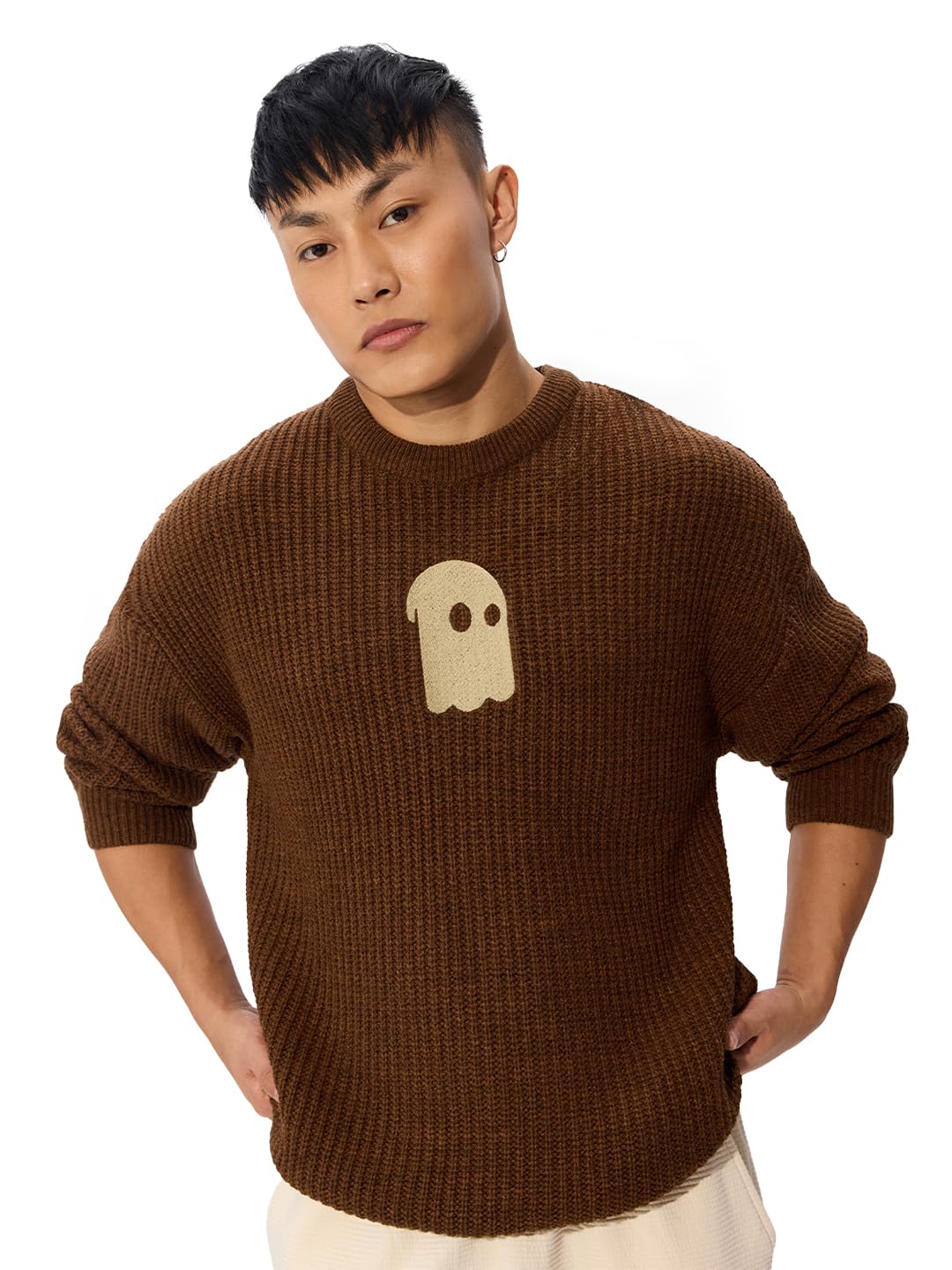 the souled store Souls Men and Boys Long Sleeves Round Neck Embroidered Brown Acrylic Oversized Pullovers-picture-54