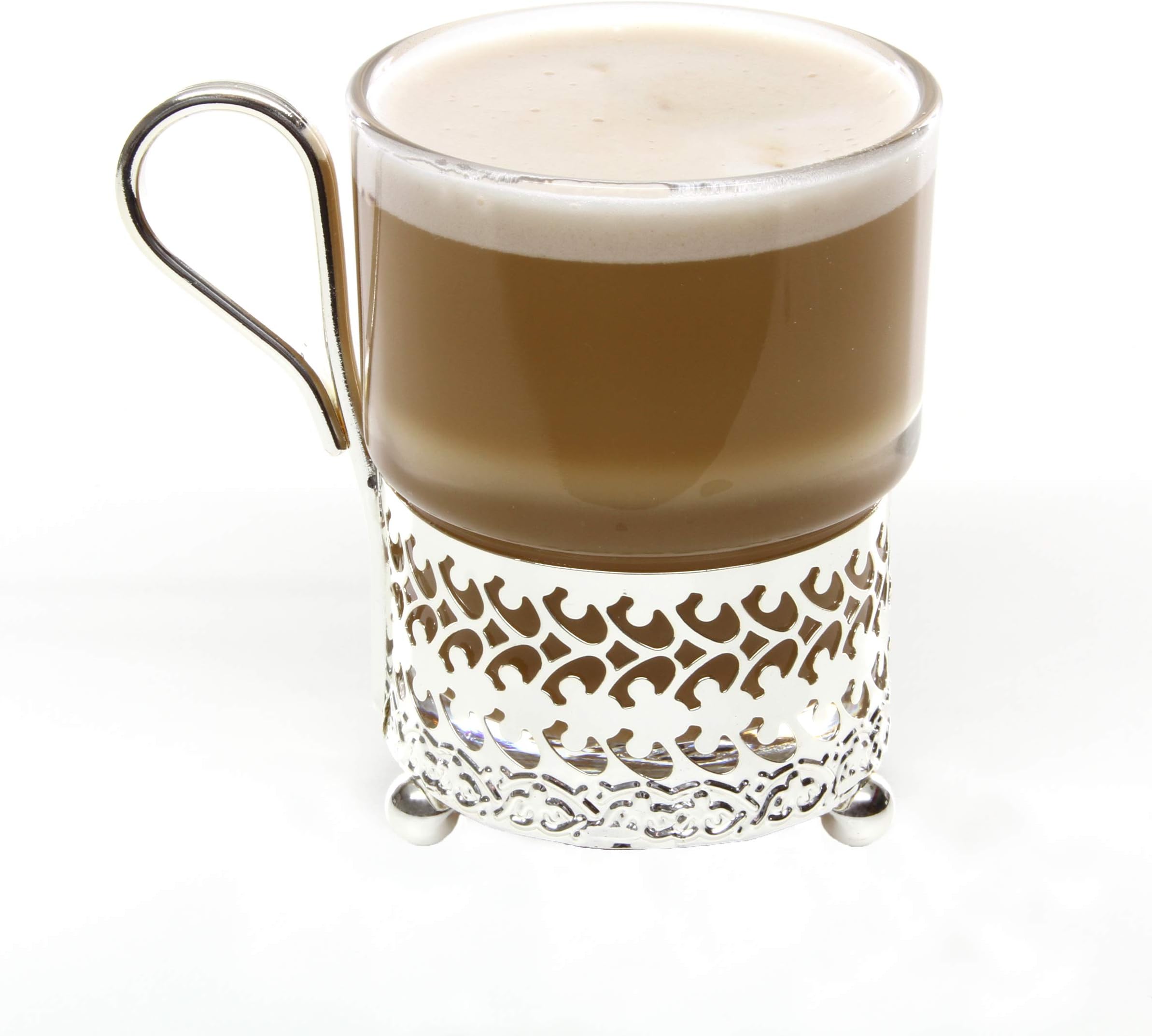 Amanda Tableware, Set of 2 Coffee Tea Glasses in Silver Plated Cup Holders for Espresso Latte Cappuccino, Special Wipe Clean Brighter for Longer Silver, You Never Have to Polish, 180ml