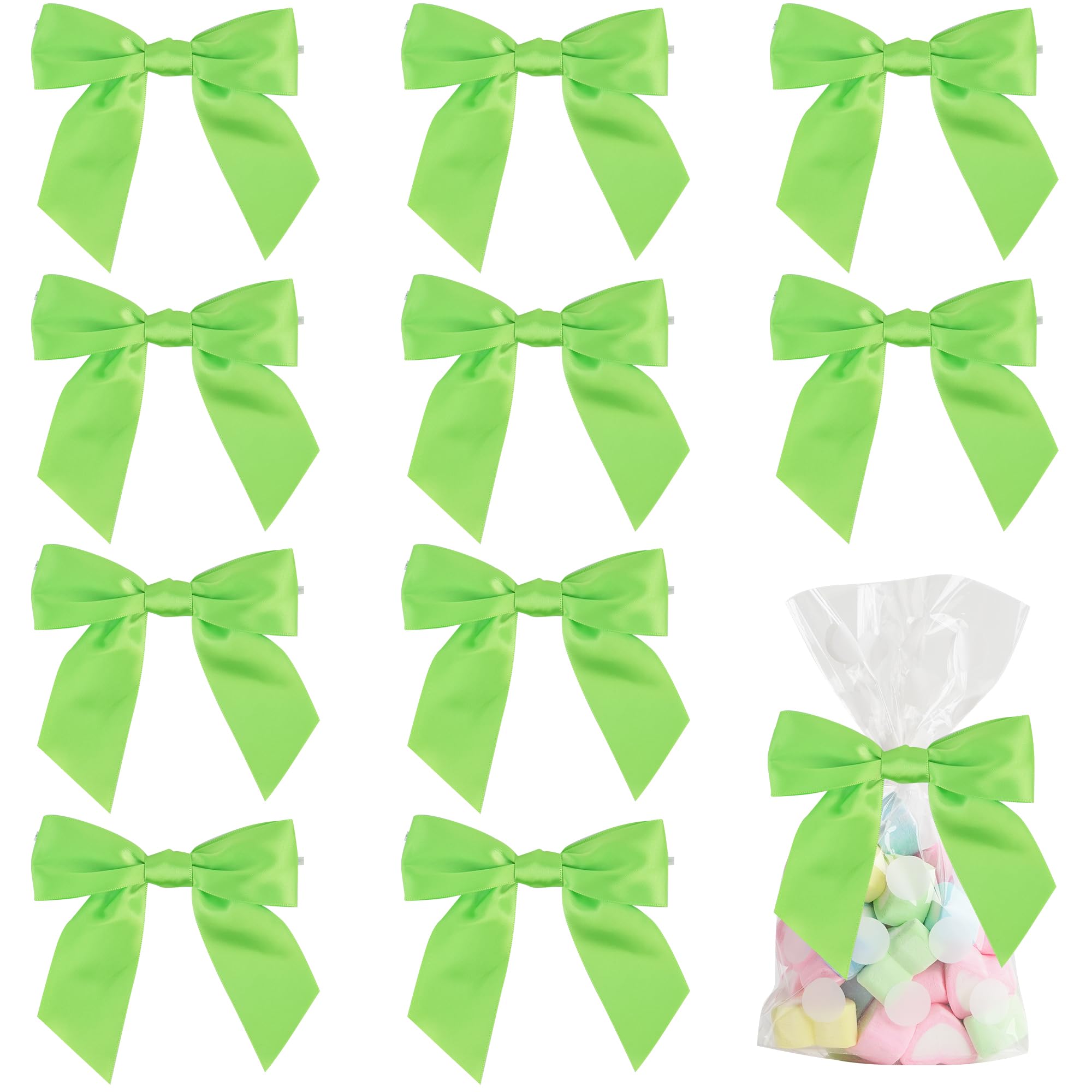 AIMUDI Apple Green Satin Bows 4.5" Pre-Tied Lime Green Twist Tie Bows for Treat Bags Green Ribbon Bows for Crafts Premade Bows for Gift Wrapping