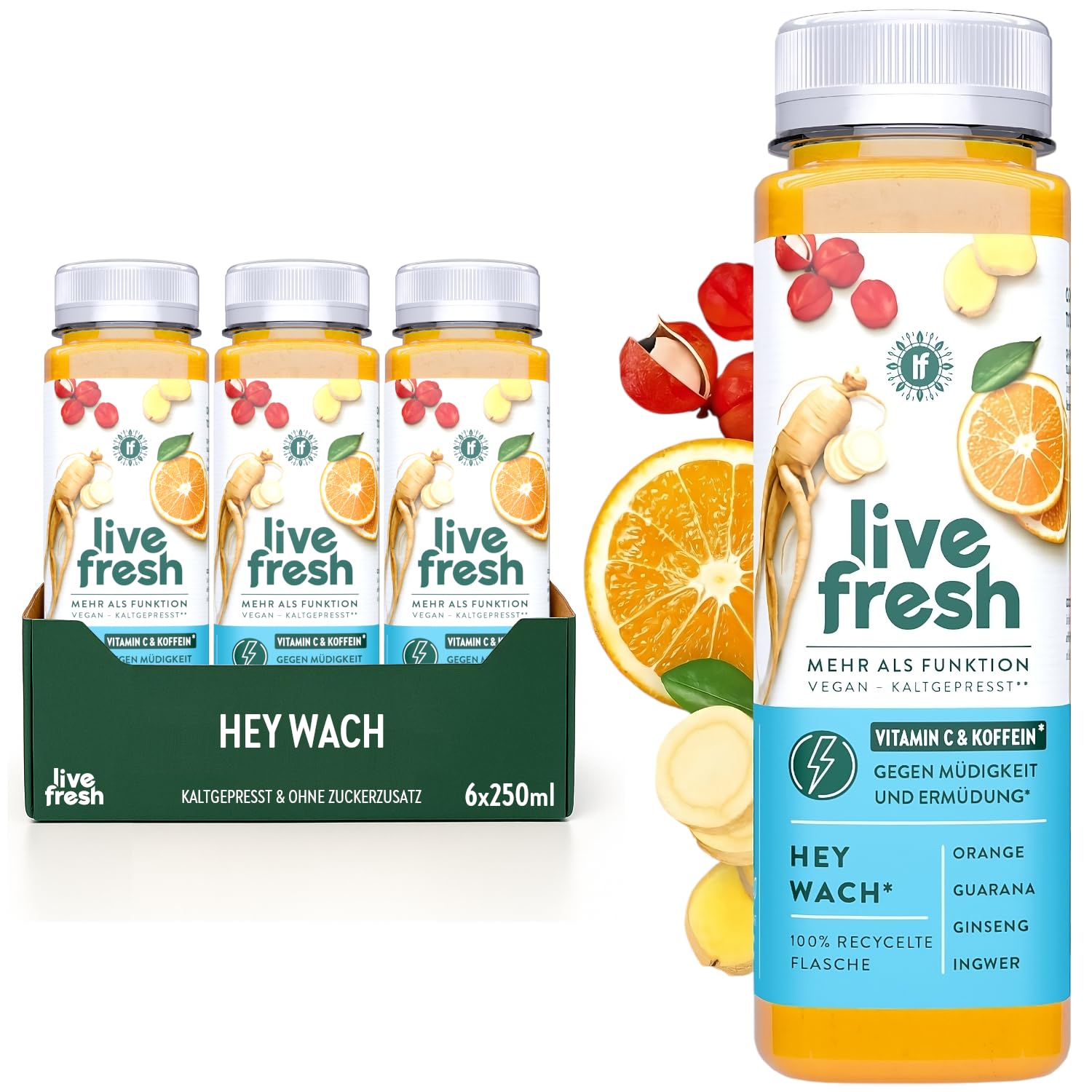 LiveFresh Vitamin C Saft – Hey Wach – 6x250ml – Mit Ingwer und Koffein – Vegane Fruchtsäfte ohne Zuckerzusatz