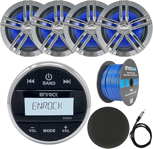 Enrock EM856 Bluetooth AM/FM Radio Digital Media Marine Gauge Hole Receptor Combo con 4 altavoces de audio de barco de 6.5 de 2 vías de 180 W de