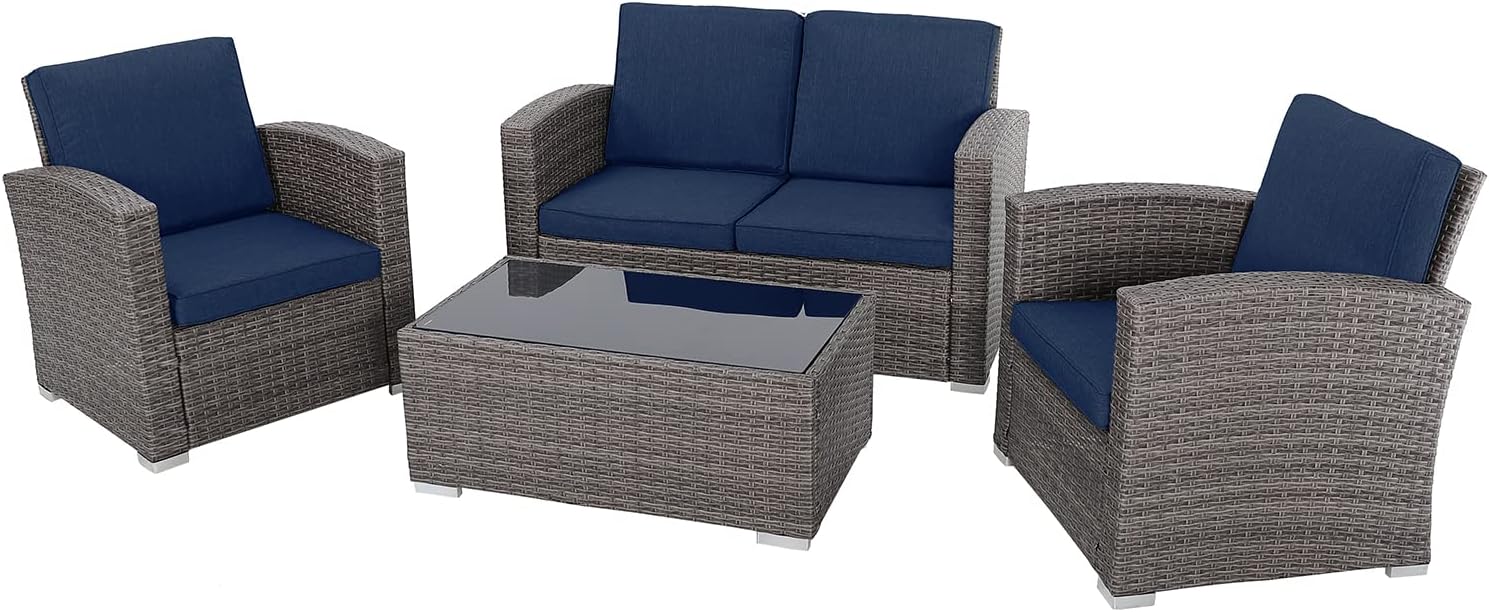 JOIVI 4 Piece Outdoor Patio Furniture Set, All-Weather Wicker Patio Conversation Set, PE Rattan Loveseat Sofa Chair Set with Tempered Glass Coffee Table, Navy Blue : Patio, Lawn & Garden