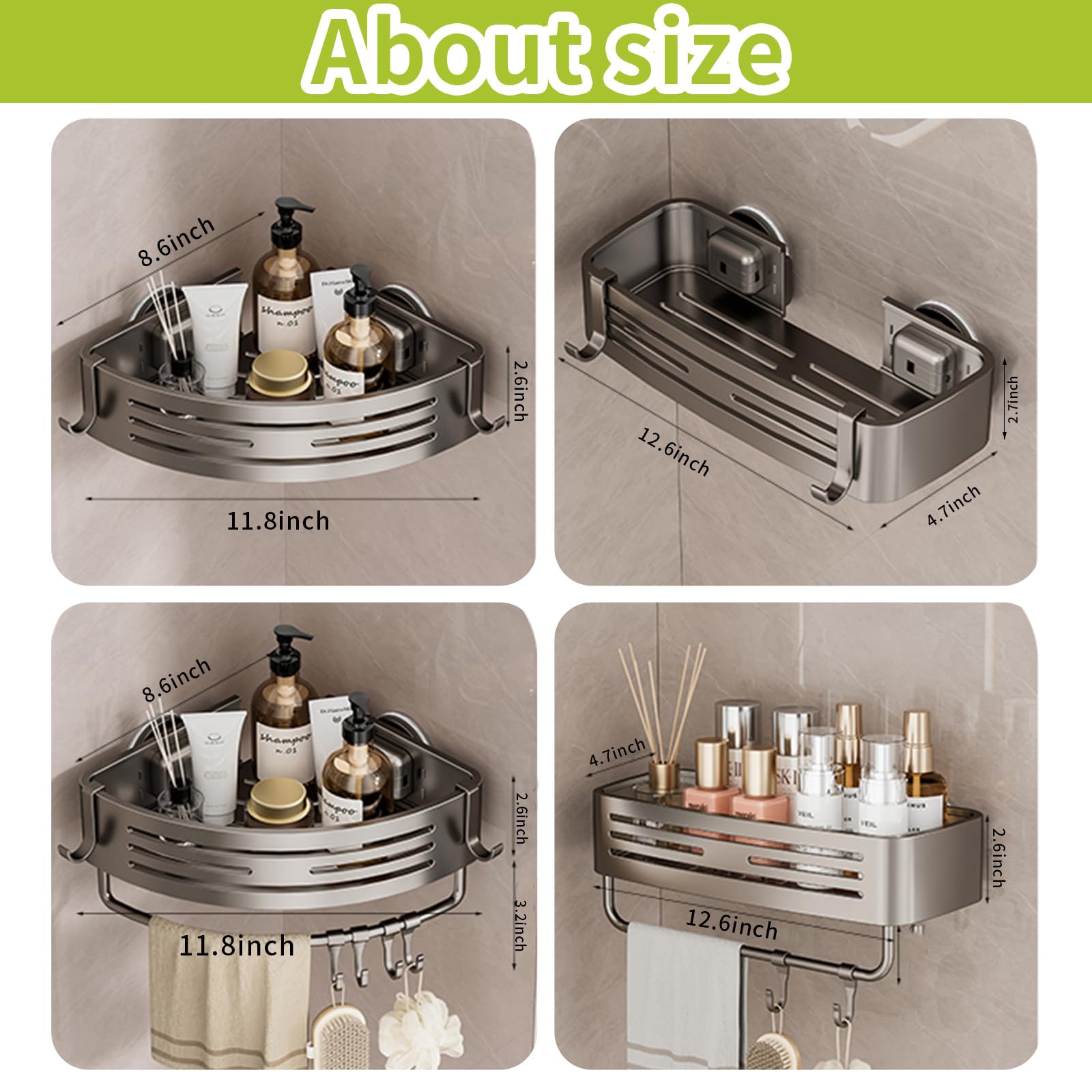 Organizador de ducha con ventosa, organizador de ducha, estante de baño extraíble, succión de almacenamiento, potente capacidad máxima de 22 libras, soporte impermeable, metal gris (estante de