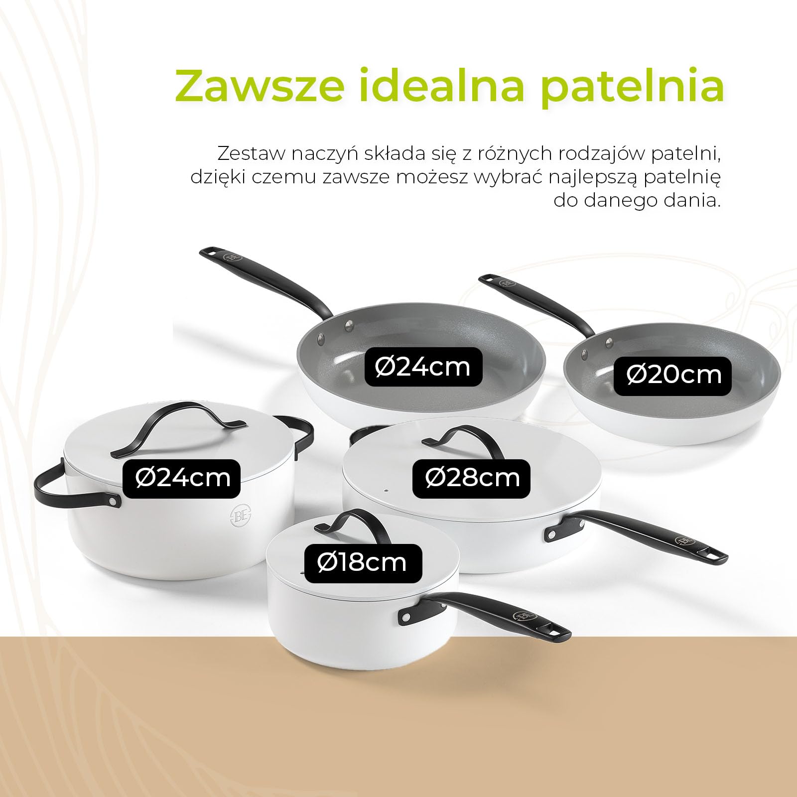 BE Living Essential 5-częściowy zestaw patelni, patelnia do smażenia, patelnia do smażenia, patelnia do sosa, przykrywka, ceramika, bez PFAS, indukcja, biały