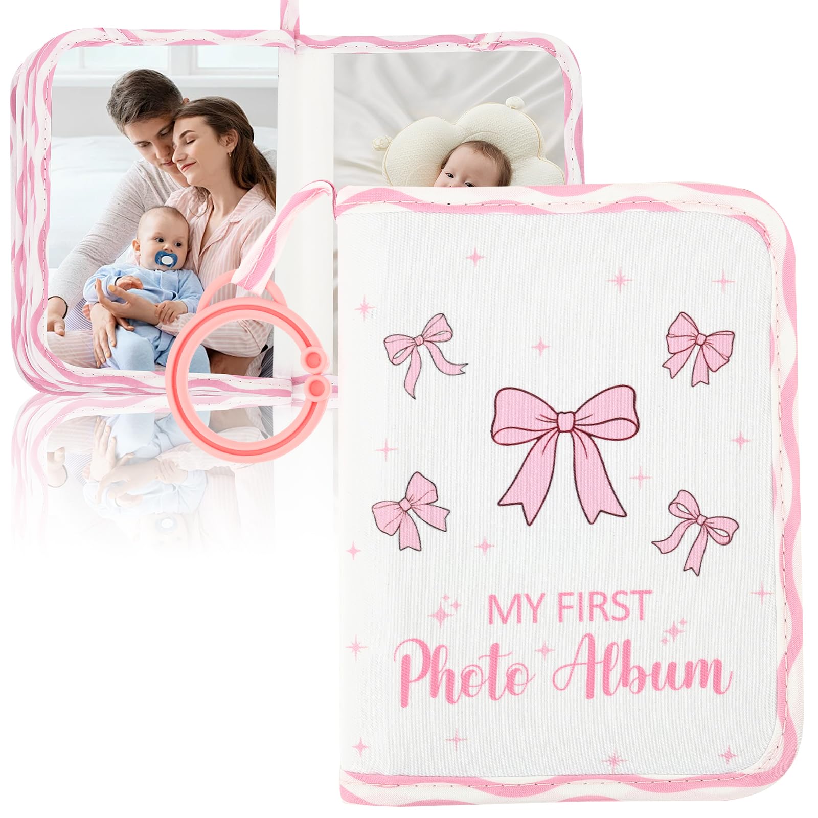My First Family Photo Album for Baby Holds 17 Photos 4x6 Soft Baby Photo Album Memory Book with Hook & Mirror, Family Picture Albums Book for Newborn/Toddlers/Kids Shower Memory Birthday (PinkA)