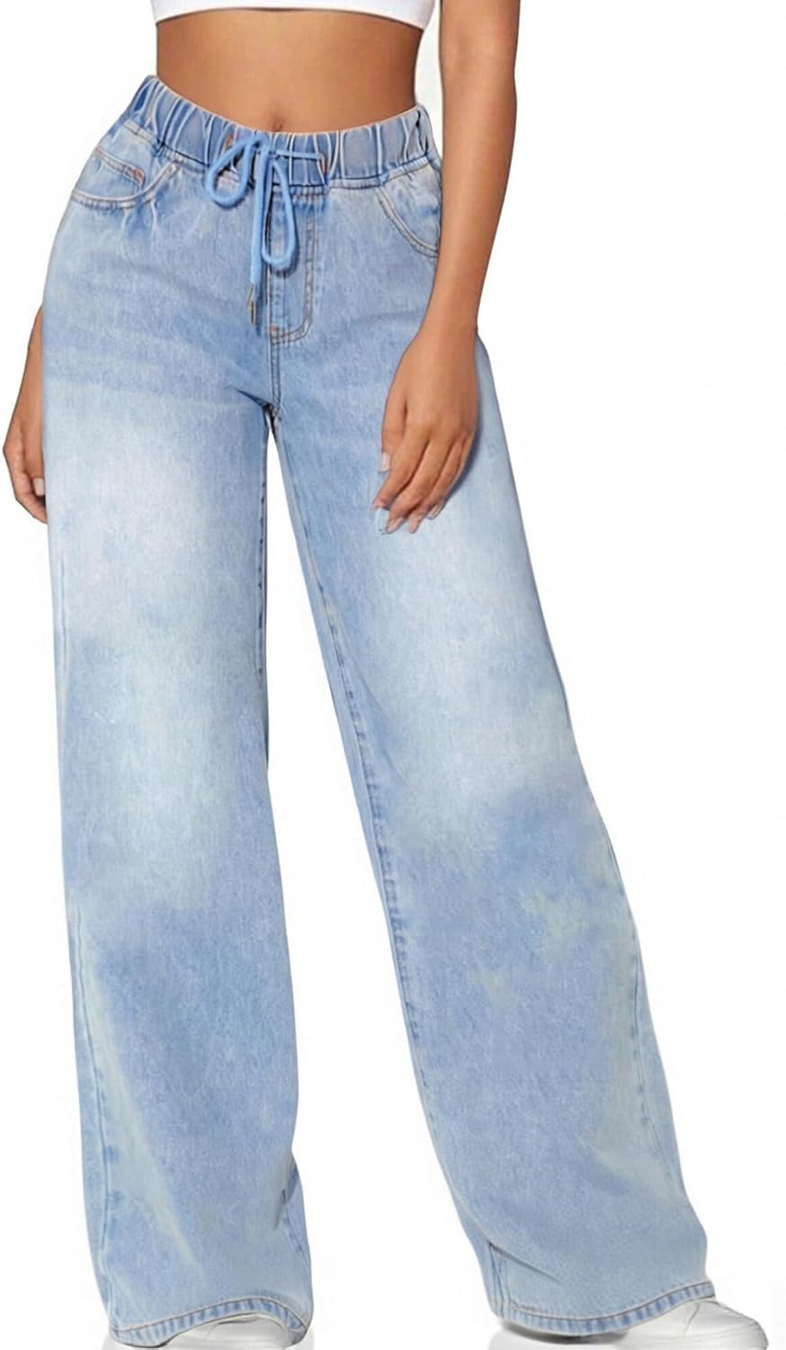 BMSTAY Women's High Waisted Wide Leg Jeans Drawstring Loose Fit Elastic Waist Straight Leg Sweatpant Denim Pants 2025 Trendy - Image 2