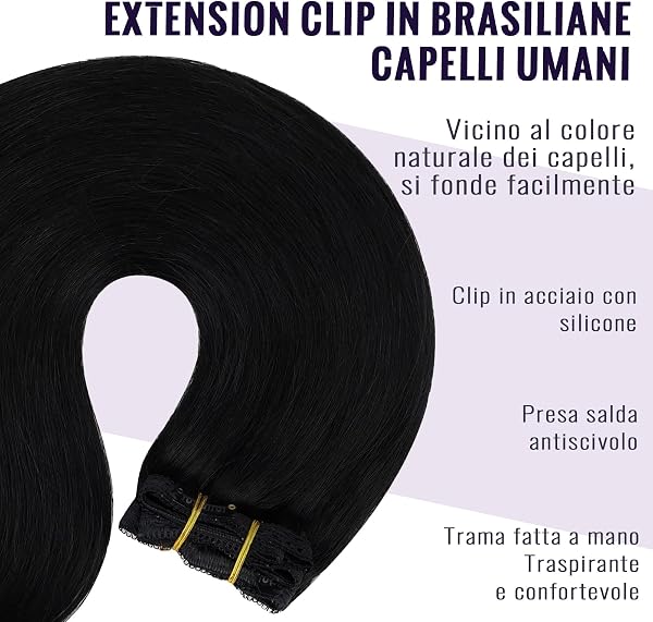 Fshine Extension Capelli Veri Clip 55 cm 120 g Extension Clip Capelli Veri Nero Intenso Lisci Umani 7pcs Extensions con Clips Soave Invisibile Colore 1 - 3