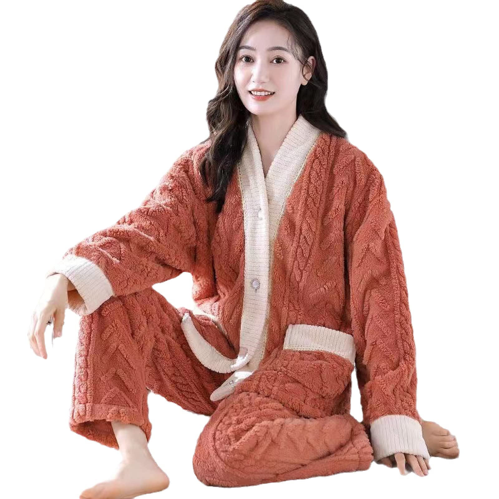 Set Pigiama in Pile Donna -Pigiama di Flanella Autunno Inverno Set Pigiami Caldi Scollo A V 2 Pezzi/Set Pantaloni A Maniche Lunghe Vestiti per La Casa Comodi Indumenti da Notte Casual