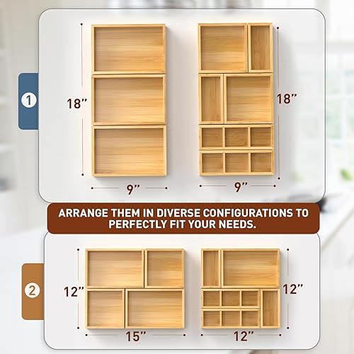 Miniatura 5 de Organizador de cajones de bambú, juego de 9 bandejas de madera para cocina, escritorio de té chatarra de oficina, cajas de almacenamiento de madera