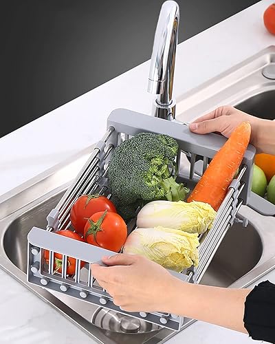 Miniatura 6 de Escurridor de platos, bandeja de drenaje ajustable de acero inoxidable para platos, verduras y frutas, 18.2 x 8.9 pulgadas, estante para platos en