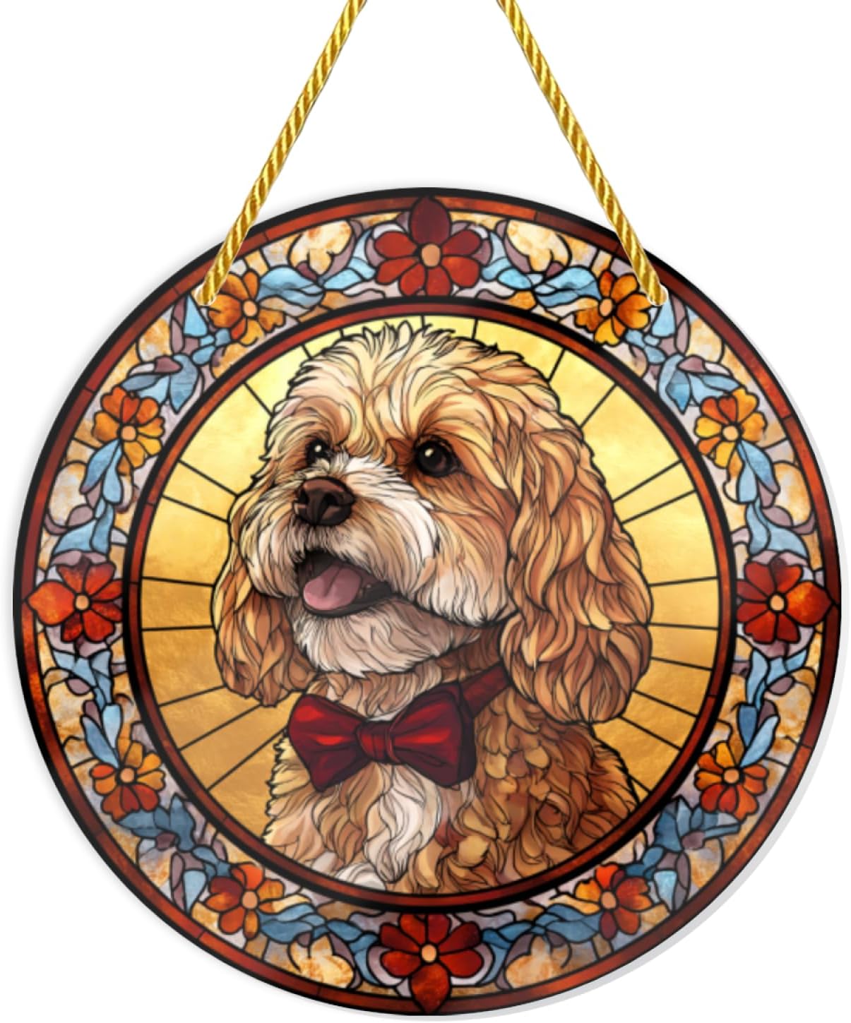 1PC Acrylic Hanging Ornaments, Dog with Red Bow Tie Stained Glass Styles, 12×12inch Decorative Signs, Rainbow Maker Wall Art Suitable for Pet - lover Home Decor, Gifts, Windowsill, Garden