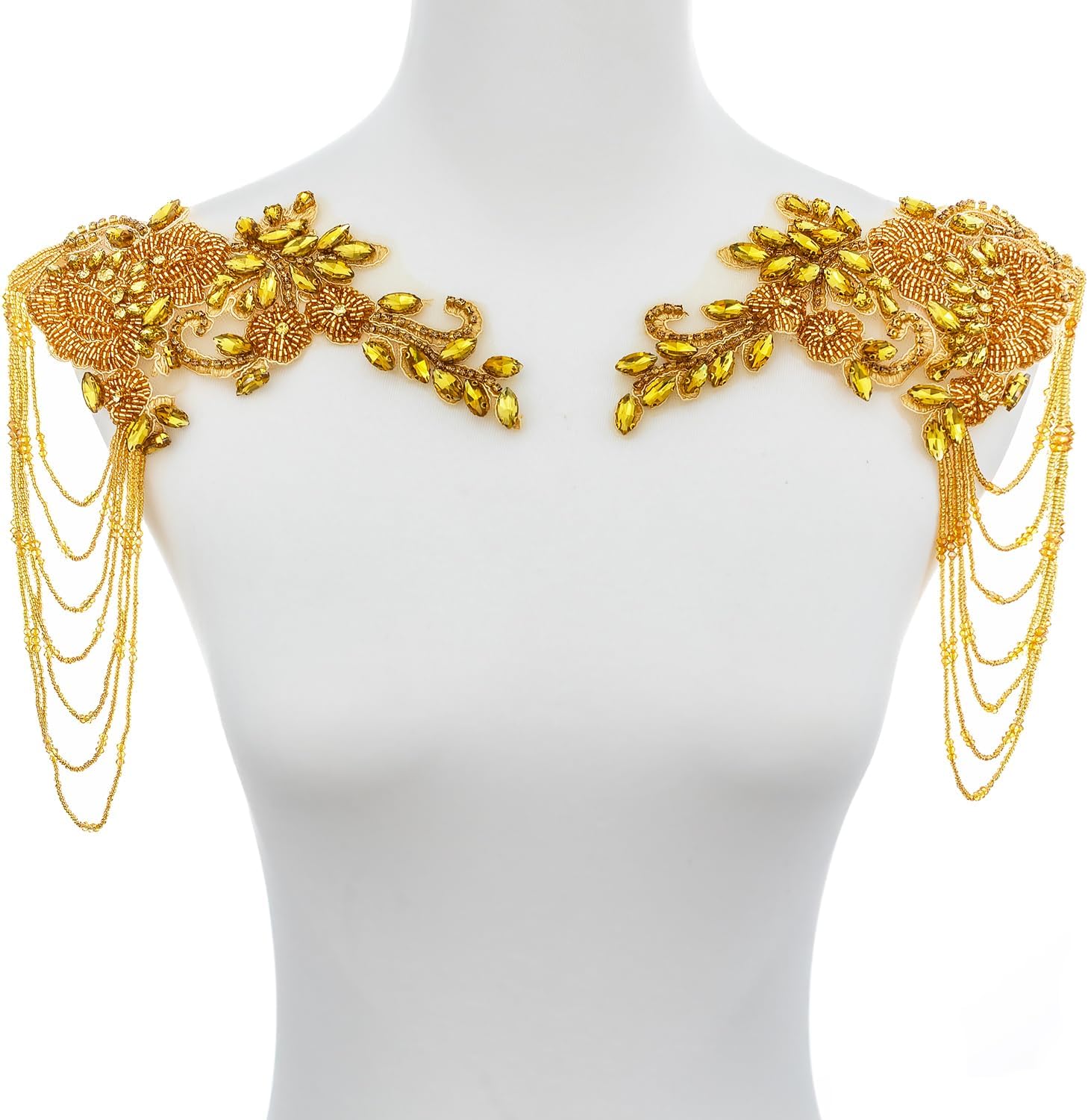 Pair Epaulettes Shoulder Patches for Dress,Beaded Rhinestones Appliques Embellishments Sew-on Diamond Sequin Applique（Gold）