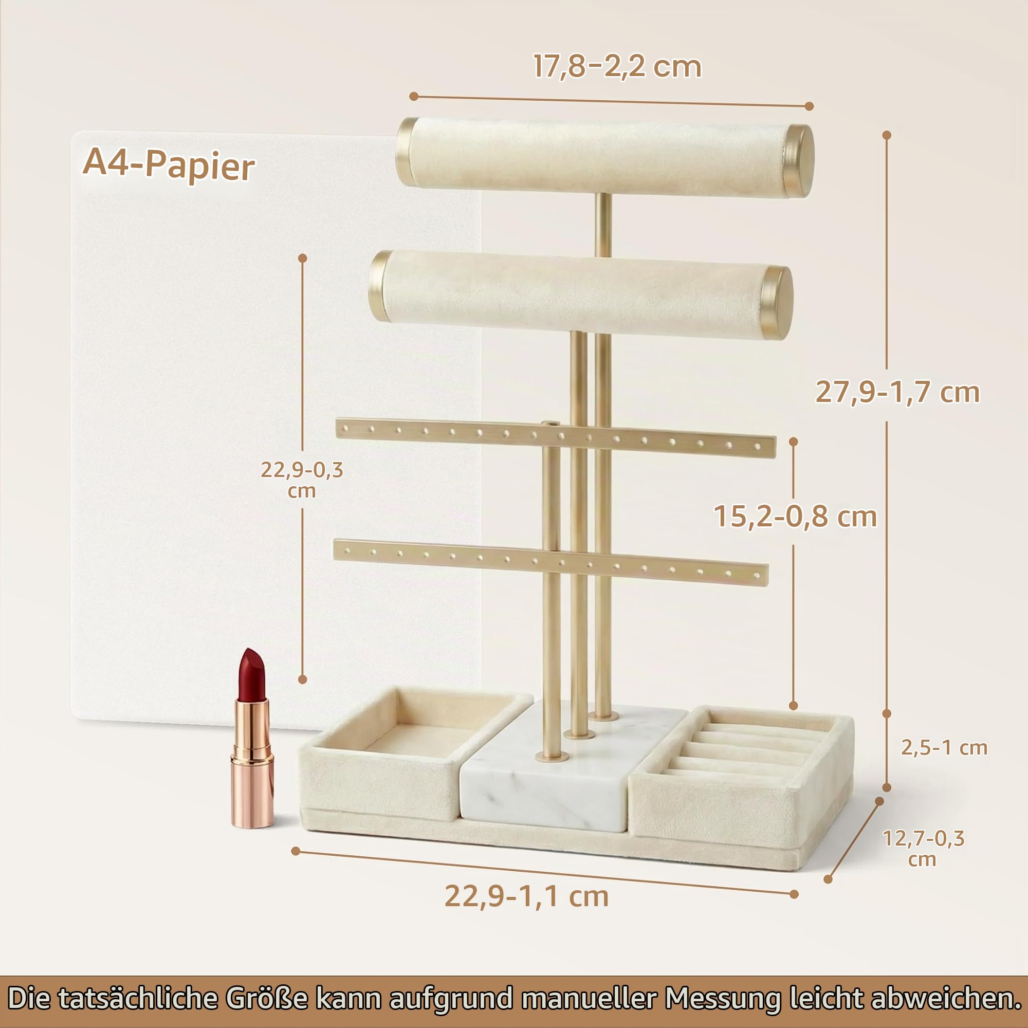 KES Schmuckständer Marmor mit schwerem Marmorsockel, 3-stufiger Schmuckhalter Organizer für Armbänder, Halsketten, Ohrringe, Ringe und Uhren, T-Bar Schmuckaufbewahrung Display, Beige, JTR500-WH
