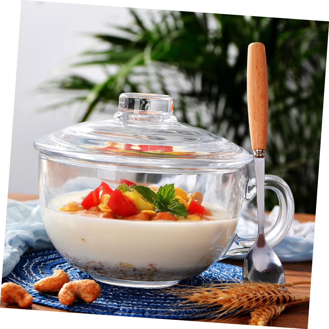 NOLITOY Bol de Vidrio con Tapa y Asa Cuenco Transparente para Desayuno Ensalada y Postres Recipiente Doméstico Resistente y Fácil de Limpiar para Uso Diario