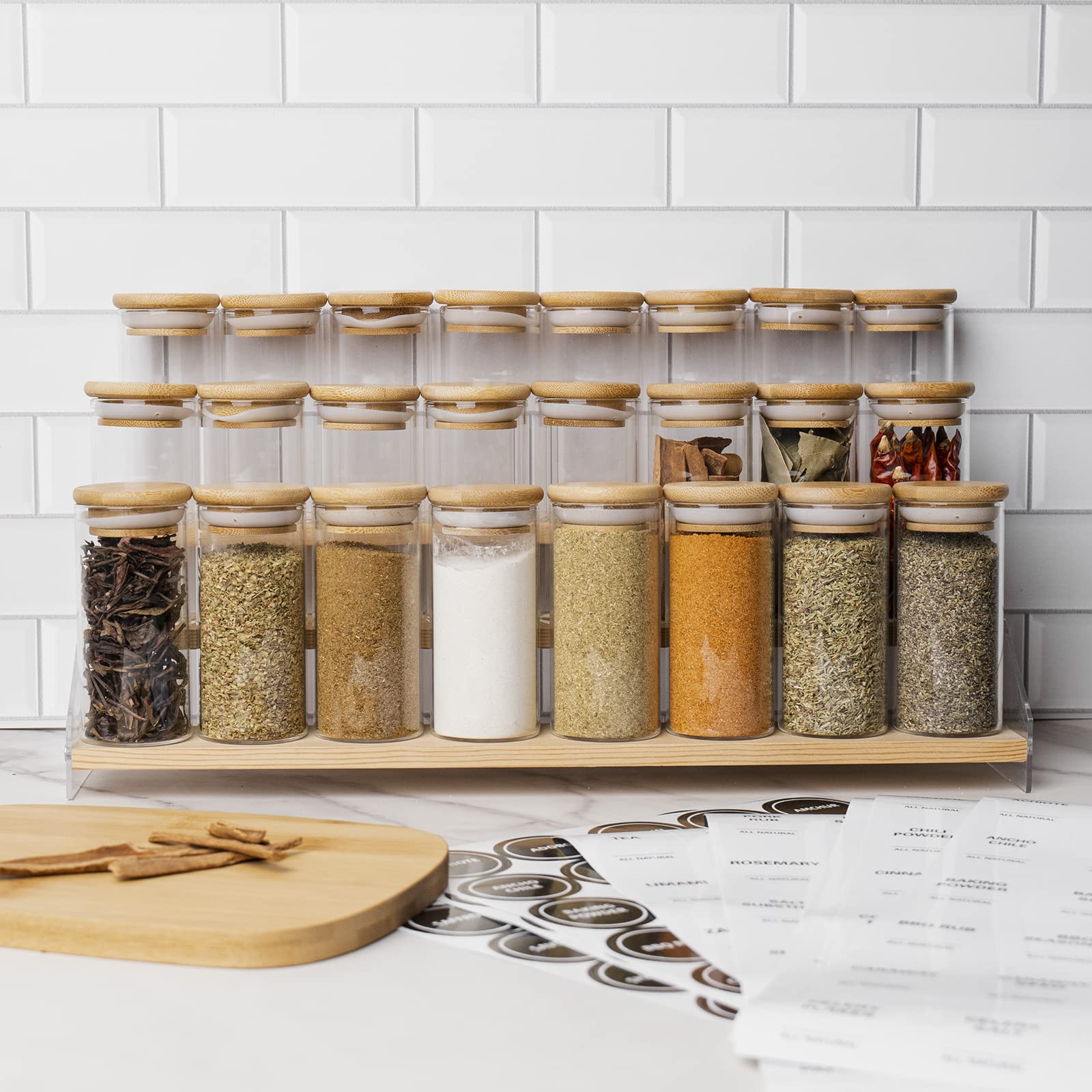 Photo 1 of 24 Pcs Spice Jars with Labels - 4 oz Glass Spice Jars with Bamboo Airtight Lids, Minimalist Spice Labels Stickers of 2 Different Types, Seasoning Storage Bottles for Spice Rack, Cabinet or Drawer