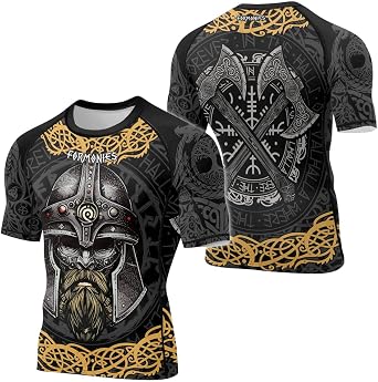 FOMONIES Viking Jiu-Jitsu Rash Guard Mens Short Sleeve Compression Shirt for BJJ No-Gi Training MMA Fight Wear