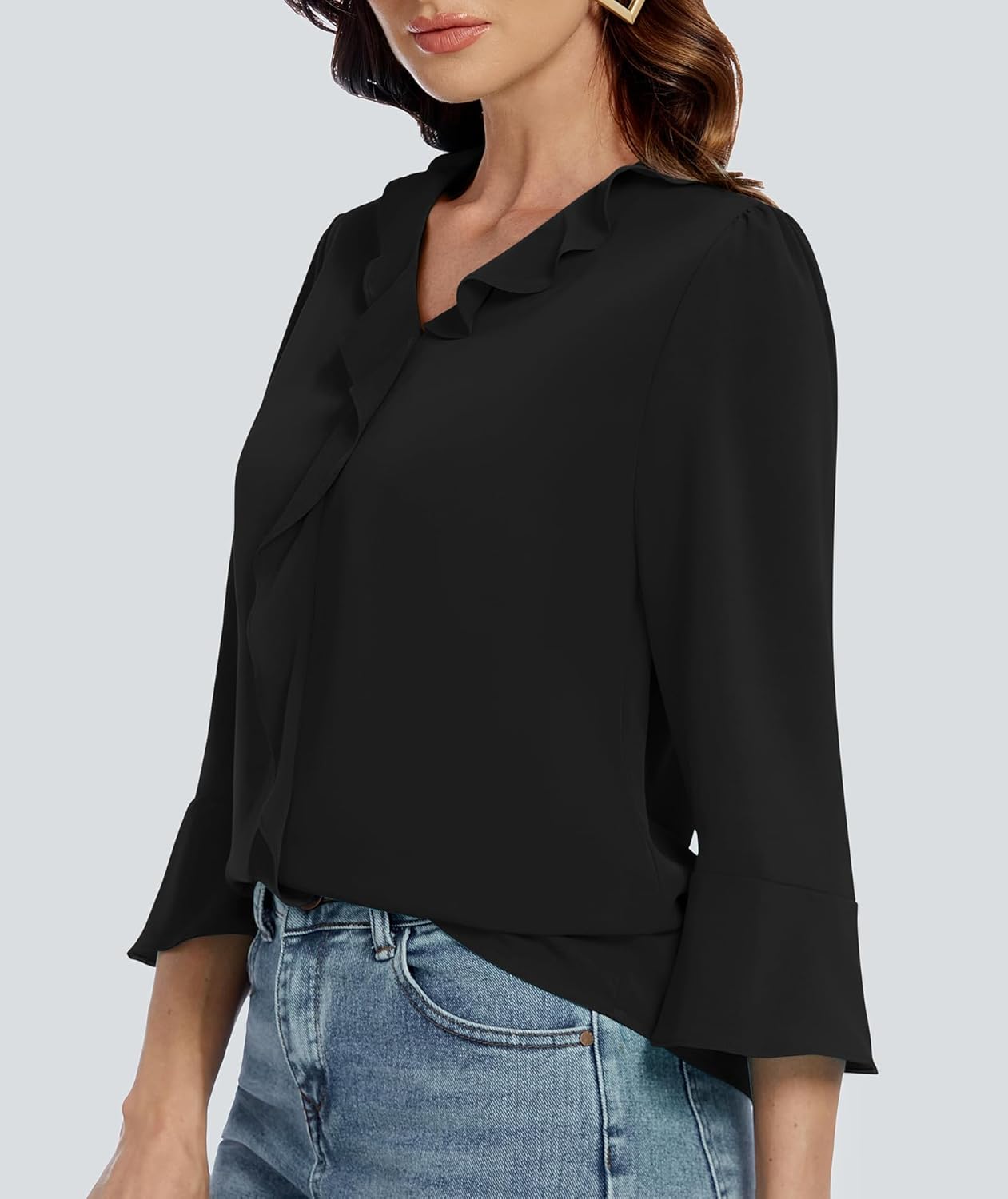 Funlingo Womens 3/4 Length Sleeve Tops V Neck Dressy Casual Blouses Tunic Trendy Business Office Ruffle Work Shirts - Image 2