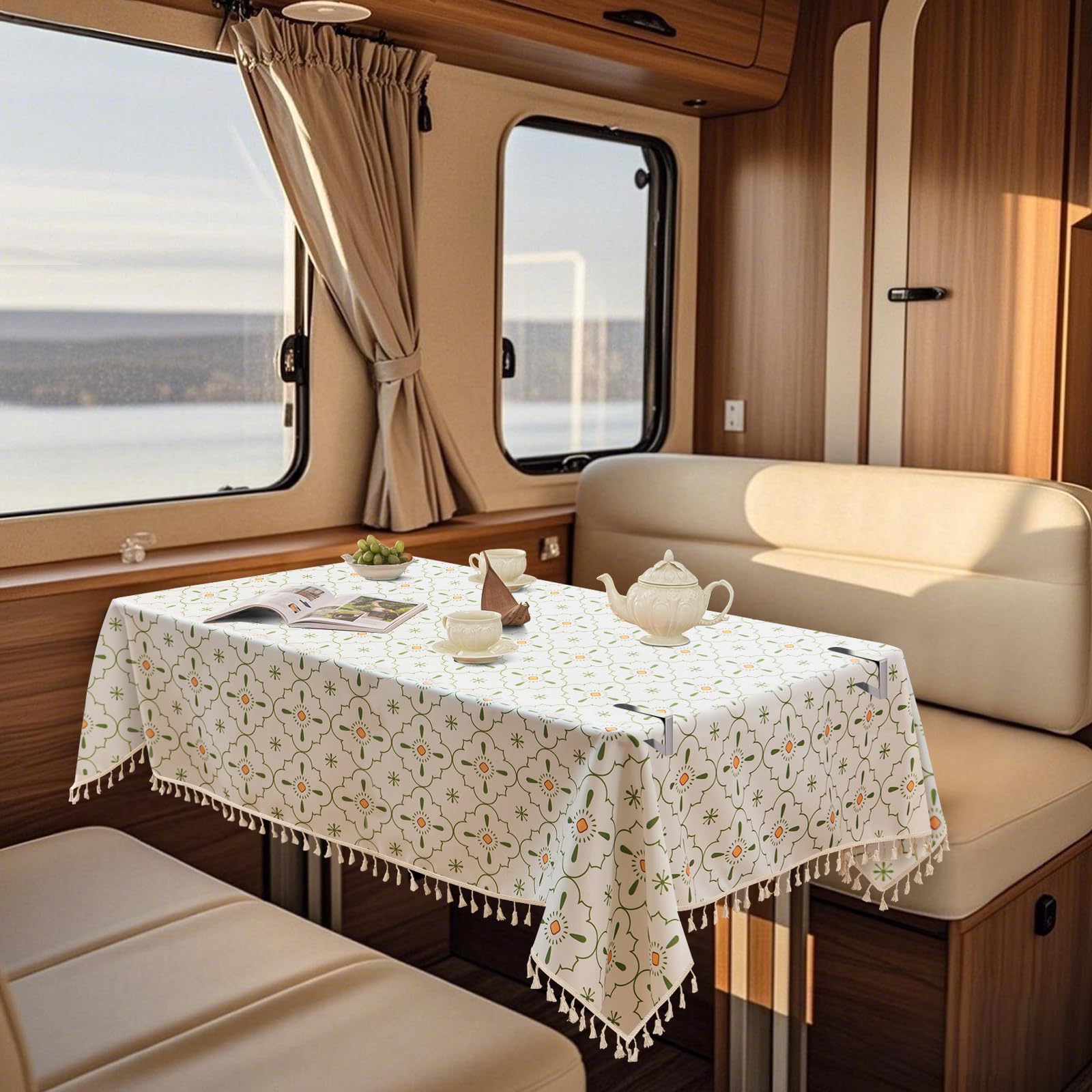 SYLC Waterproof Linen Tablecloth for Motorhome, Outdoor Table Cloth Rectangular with 6 Clips Non-slip, Wipeable Table Sheet for Dining/dinette (printed 17,140 cm × 220 cm)