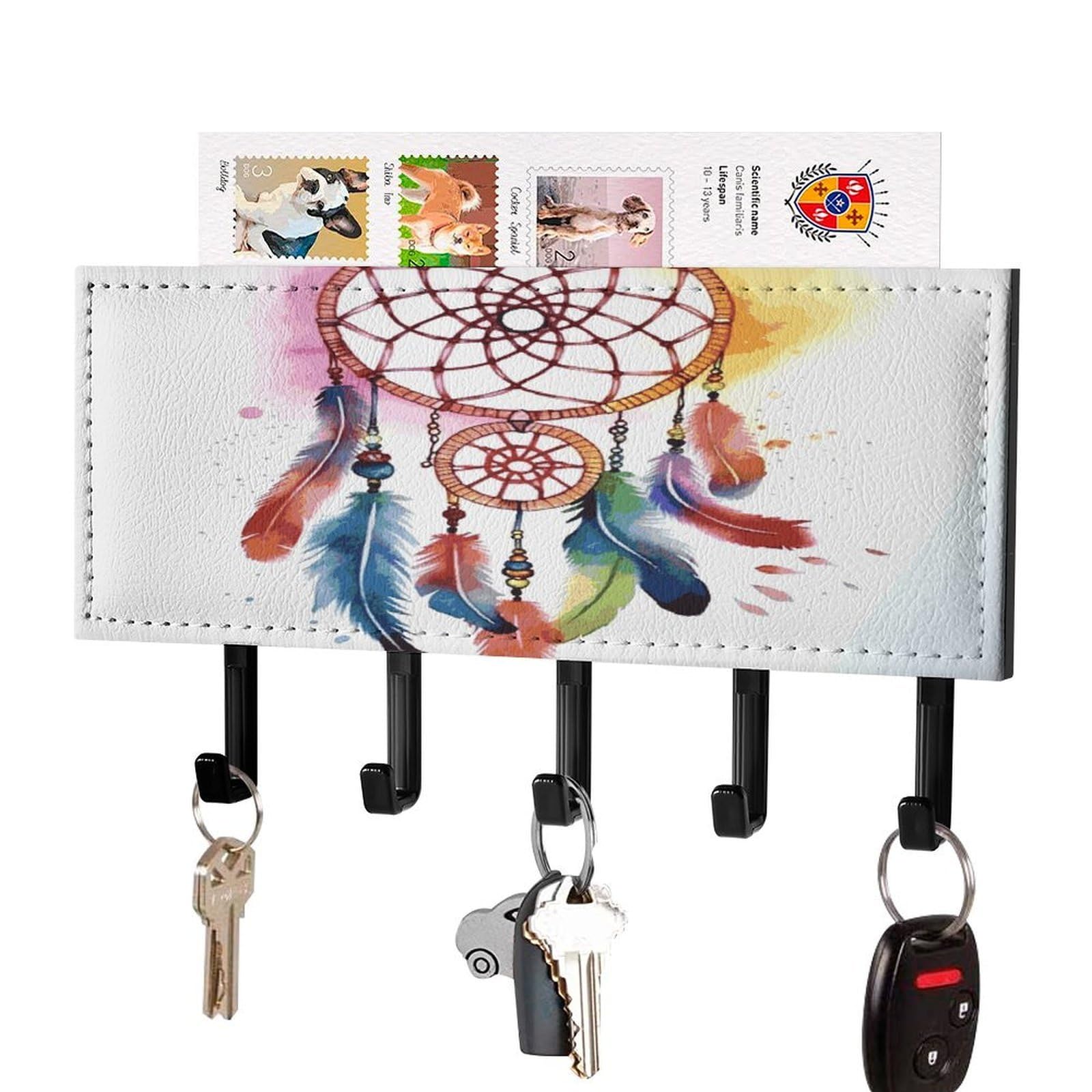 LDGSUPH Watercolor Dream Catcher Key Holder Wall Mount Key Hanger with 5 Hooks Fashion Key Organizer Rack Hanging Key Hooks with Mail Organizer Key Rack for Home Entryway Hallway Black-Style
