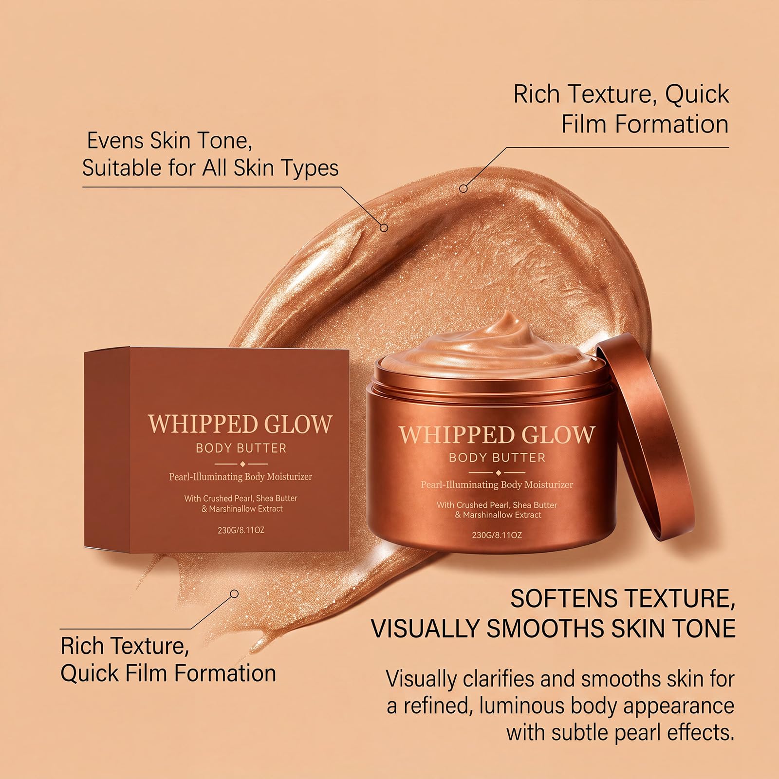 Whipped Body Butter, Perlenleuchtende Körperfeuchtigkeitscreme. (5PCS) | Körperbutter mit Crushed Pearl, Sheabutter Body Moisturizer Creme, Marshmallow Extract Body Butter Lotion.