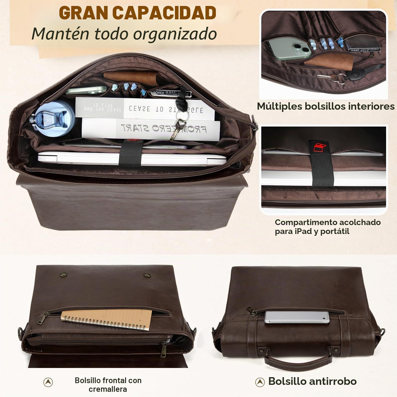 RAINSMORE Bolso Hombre Bandolera Maletin Portatil 17,3 Pulgadas Maletín Ordenado Cuero PU Bolsa de Mensajero Impermeable Maletín de Trabajo Ejecutivo Negocios Café