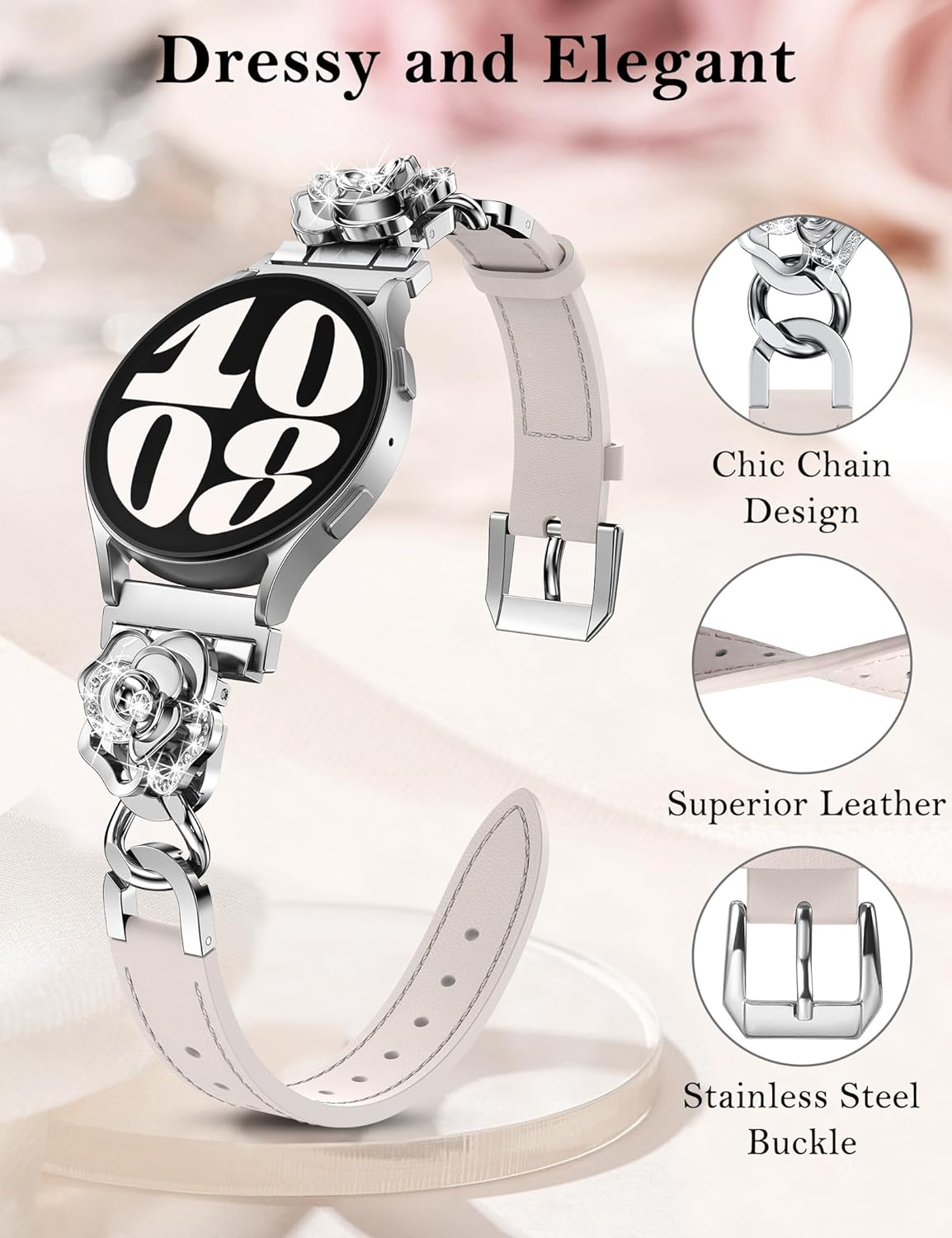 Minyee Leather Band Compatible with Samsung Galaxy Watch 7/6/5/4/FE/Active 2 40mm 44mm/Watch 6 Classic 43mm 47mm/5 Pro 45mm Women, 20mm Dressy Slim Elegant Metal Chain Strap with Bling Camellia Charms