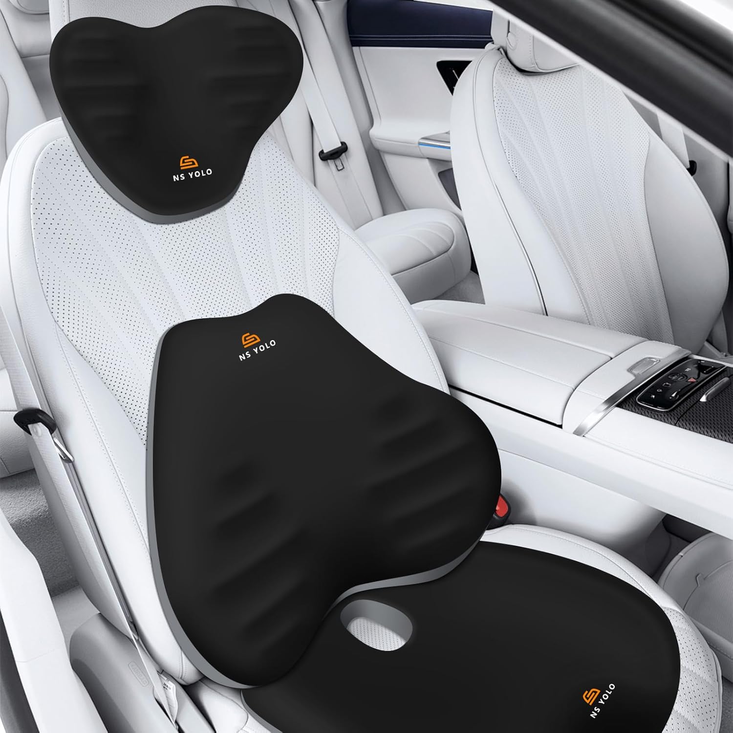 NS YOLO Ergonomic Car Seat Cushion with Comfort Memory Foam Neck Pillow, Car Pillow,Lumbar Support and Big Size Soft Seat Cushion for Driving Seat,Office Chair and Wheel Chair (Black and Grey-3 pcs)