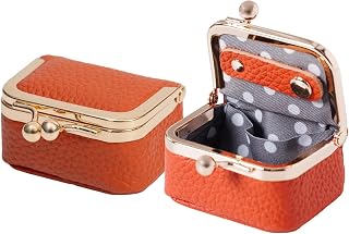 Genuine Leather Mini Jewelry Box with Kiss Lock, Orange | Vintage Portable Travel Jewelry Case Organizer, Coin Purse for Rings, Necklaces, Bracelets and Coins