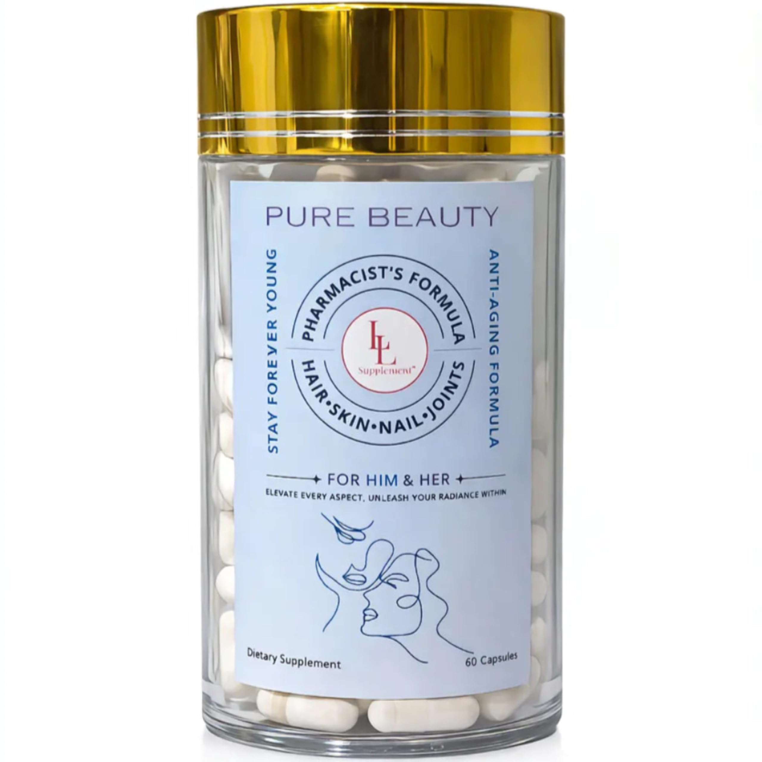 LL Supplement Pure Beauty Skin Nails Hair Joints Support – Anti-Aging Supplement with Clinical‑Grade Nutrients – Pharmacist Crafted – Gold Cap Edition – 60 Capsules