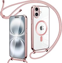 Transparent Magnetic Cover with Lanyard for iPhone 17 with Magnetic, Slim Case with Lanyard Necklace Adjustable Shoulder Strap Shockproof Case with Necklace for iPhone 17-Rose Gold