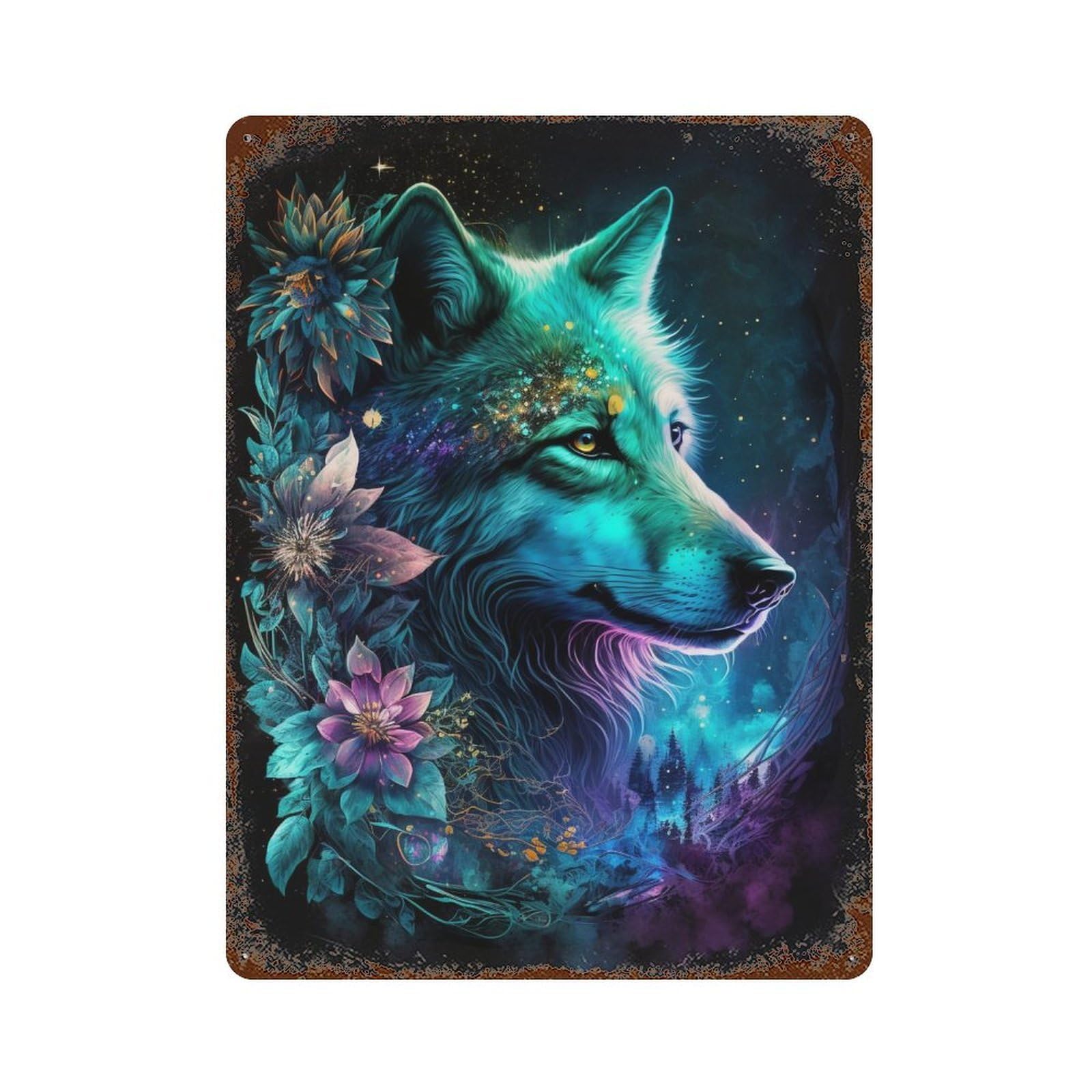 Enchanted Wolf Fantasy Art Print Rust Effect Tin Sign 15.7"x11.8", Rustic Home Decor for Cafe, Home Bar And Lounge Decor