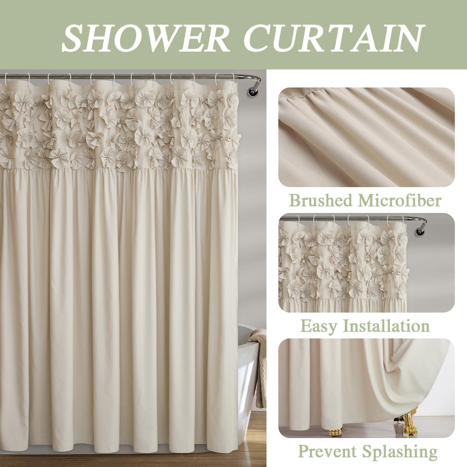 Handmade Shower Curtain, Vintage Handcrafted Bow Tie Ruched Microfiber Bath Curtain for Master Bathroom, with 12 Buttonholes, 72" W x 72" H, Camel