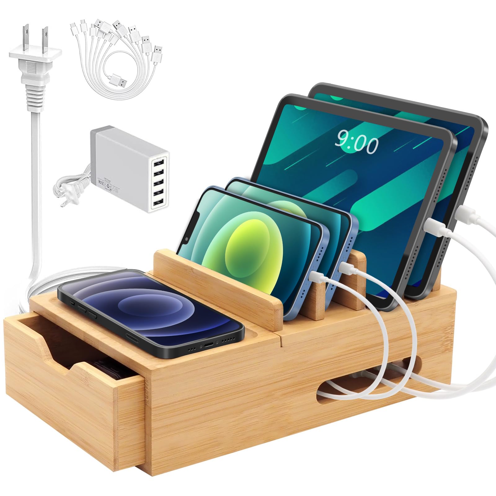 Bamboo Charging Station for Multiple Devices, Desktop Charger Organizer with Tray& Drawer, Wooden Docking Station for Smart Devices, Cell Phone, Tablet,Watch (Include 6 Cables, 5 Port USB Charger)