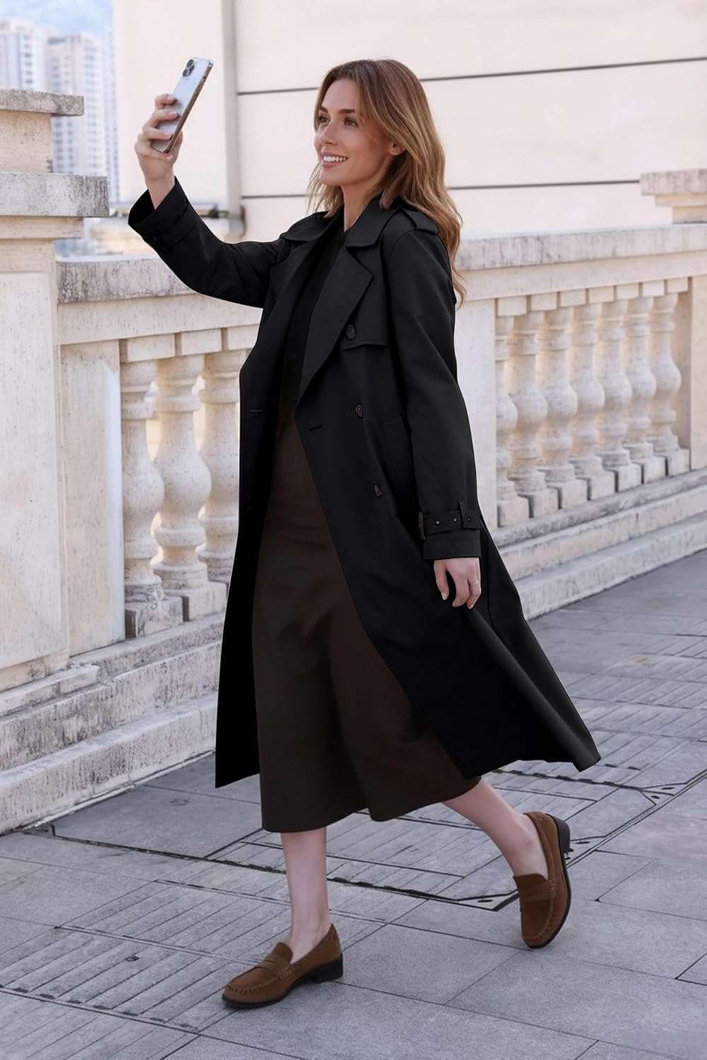 RISISSIDA Women Double-Breasted Trench Coat,Water Resistant,Casual and Business Overcoat,Knee-Length,Loose Fit,Removable Belt - Image 6