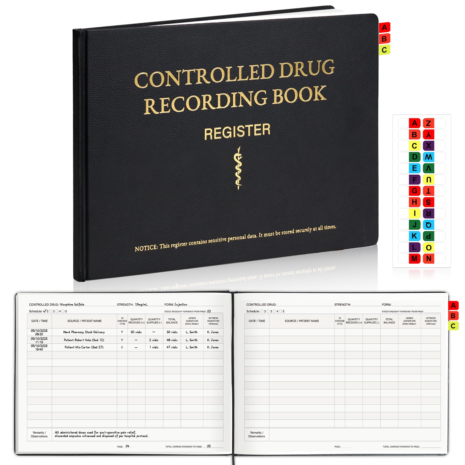 100 Pages A4 Controlled Drug Recording Book CQC GDPR HSE 1261 Entries Control Drug Record Book CD Register Book with Tabs for Pharmacy Clinic Care Homes First Aiders Medication Returns Drug Records