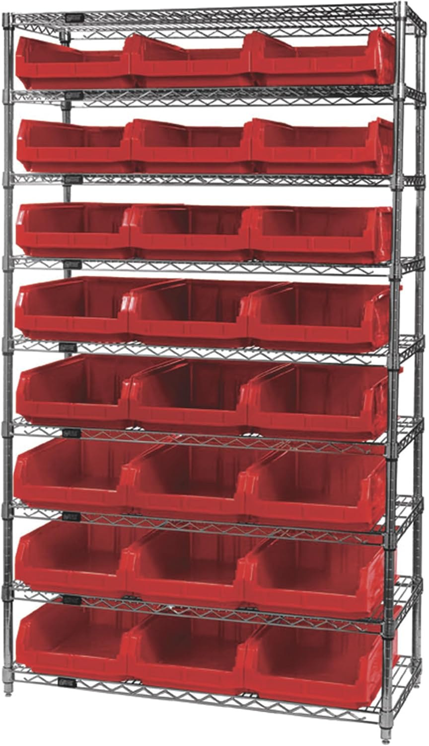 Quantum Storage Single Side Wire Chrome Shelving Unit with 24 Magnum Bins - 18in.L x 42in.W x 74in.H, Red, Model Number WR9531RD