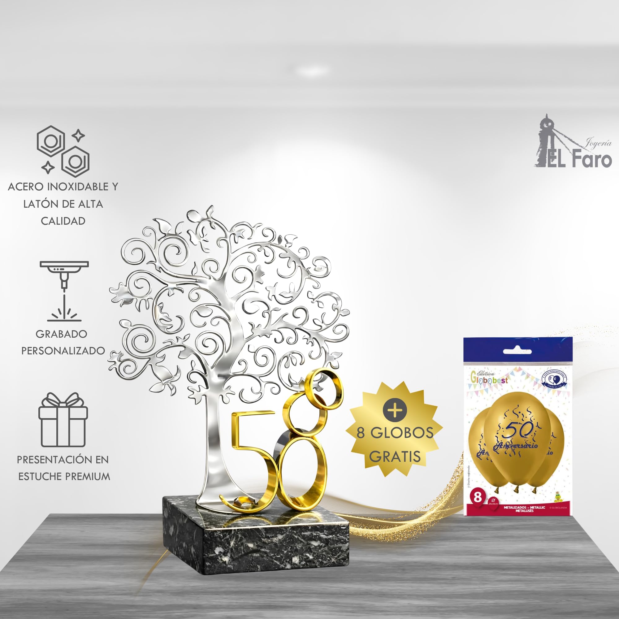 JOYERIA EL FARO | Regalos de boda 50 aniversario | Pack árbol + 8 globos gratis | Grabado personalizado | Presentación en estuche premium | Celebra 50 años de amor juntos