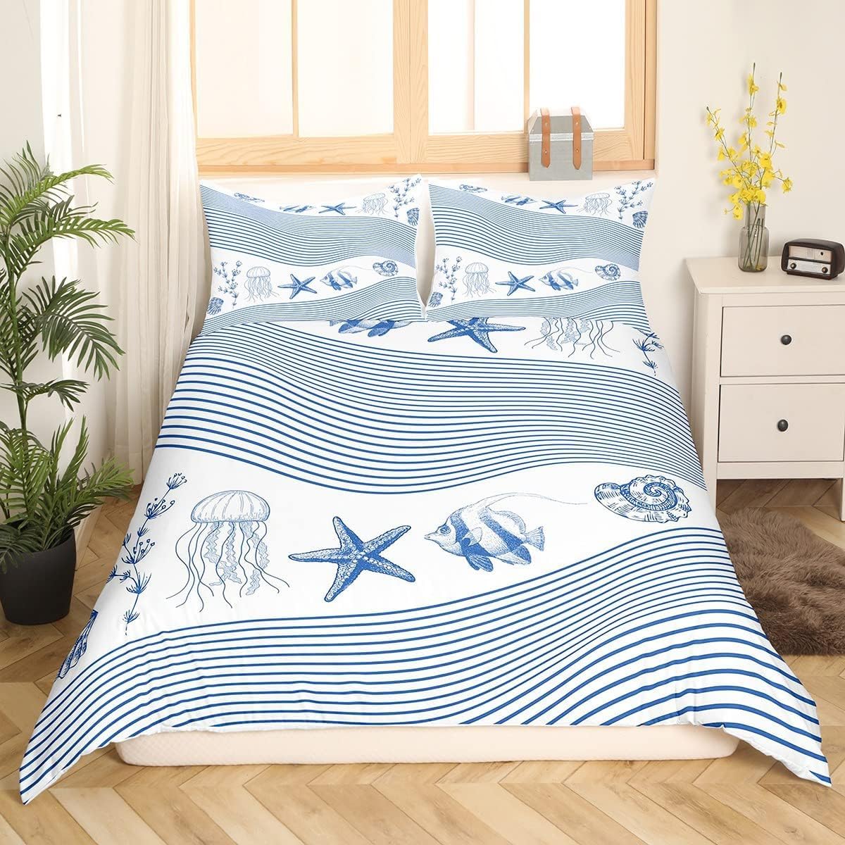 Homemissing Double Decoration Theme Ocean Duvet Cover Jellyfish Sea Star Biology Ocean Stripe Bedding Set Blue and White Duvet Cover Bedroom Decoration - Image 2