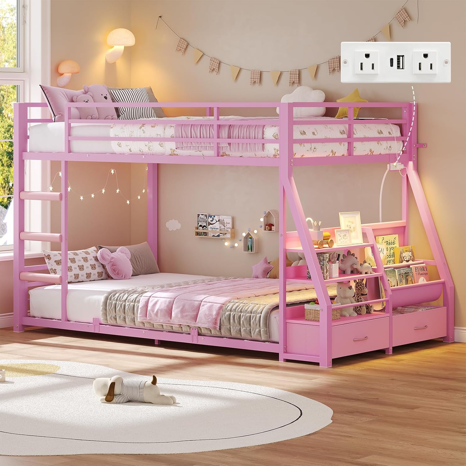 ADORNEVE Low Bunk Bed Twin Over Twin with Montessori Bookshelf, Storage Drawers & Power Outlet, LED Metal Floor Bunk with Full-Length Guardrail & Metal Slats, No Box Spring Needed, for Kids, Pink