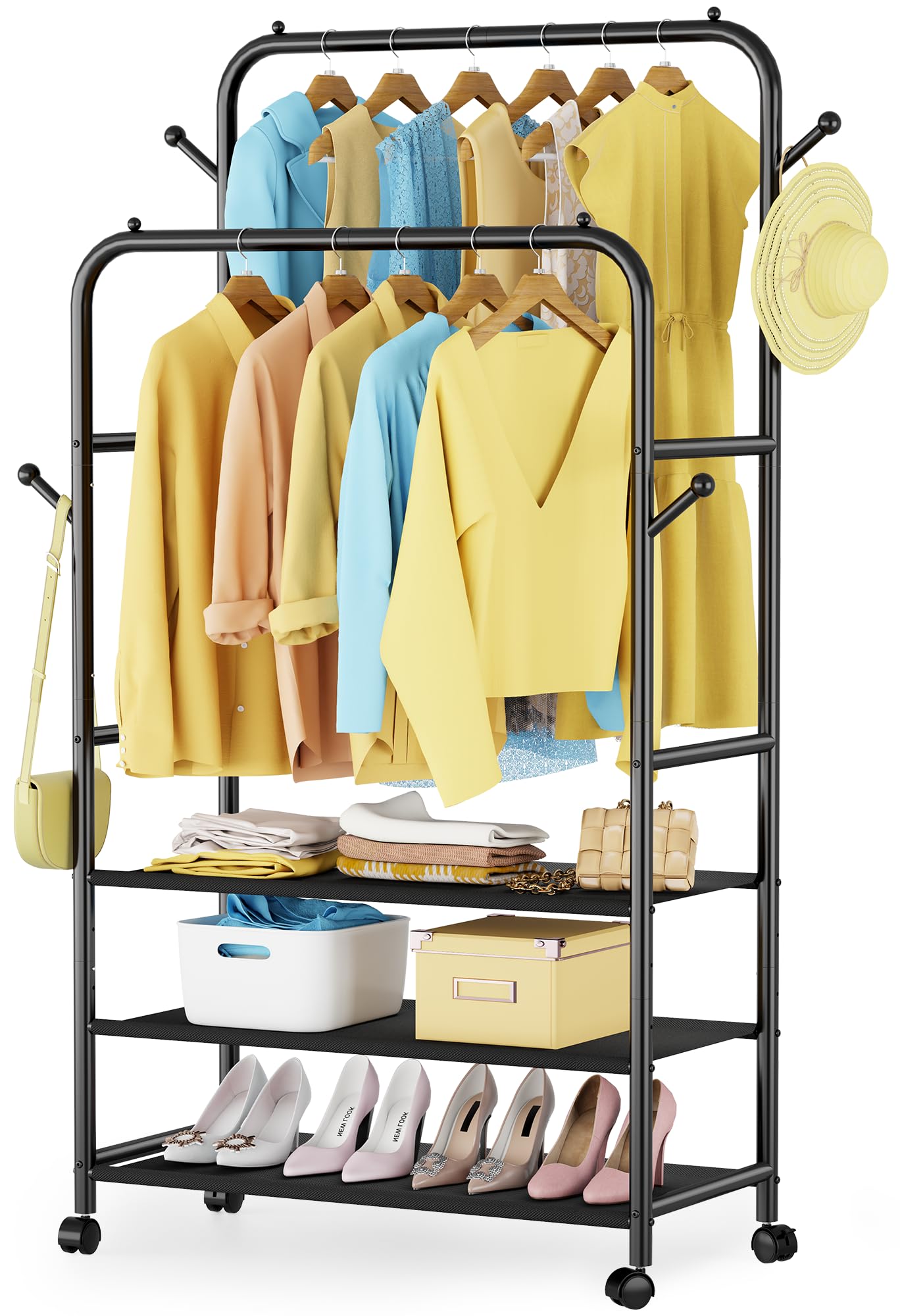 Furologee Clothes Racks for Hanging Clothes, Double Rods Clothing Rack with 3-Tier Storage Shelves, Rolling Garment Wardrobe with Wheels, Portable Free Standing Closet for Bedroom, Laundry Room, Black