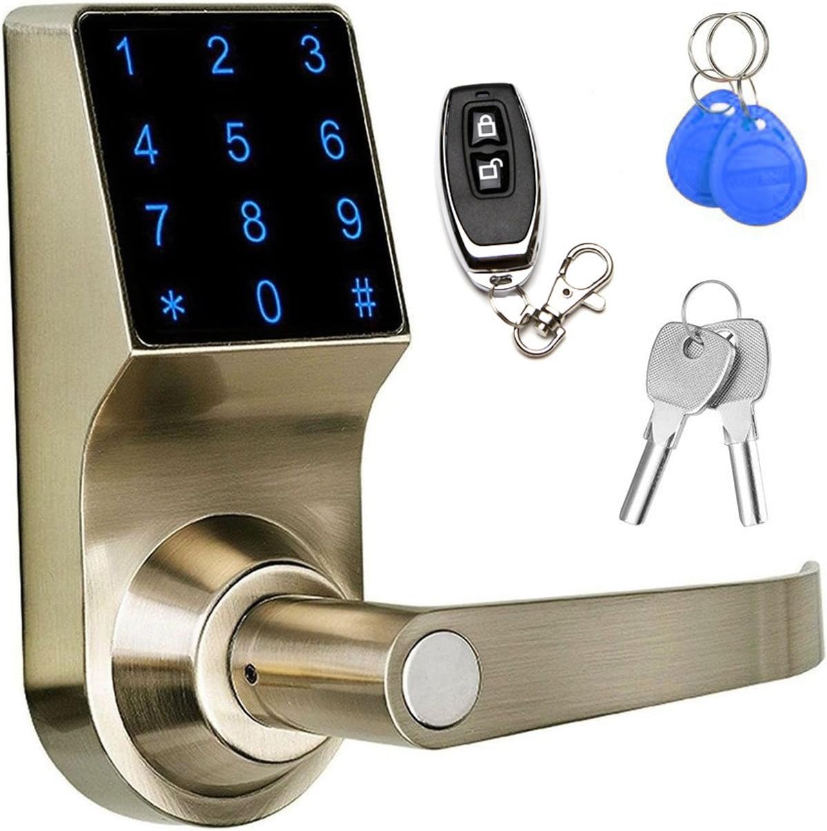 COLOSUS NDL319 Keyless Electronic Digital Smart Door Lock for Home & Office Security, Touchscreen – 50 User Codes + 2 Key Fobs + 1 Remote + 2 Keys (Gold) …
