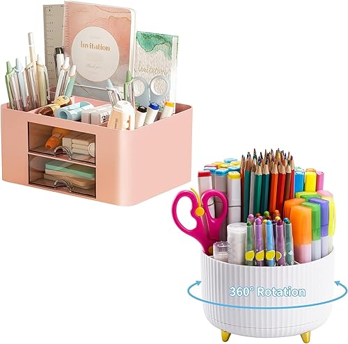 Marbrasse Organizador de bolígrafos con 2 cajones + soporte giratorio de 360 grados para escritorio